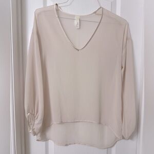 Tini lili beige rose sheer long sleeve blouse satin trim Size M